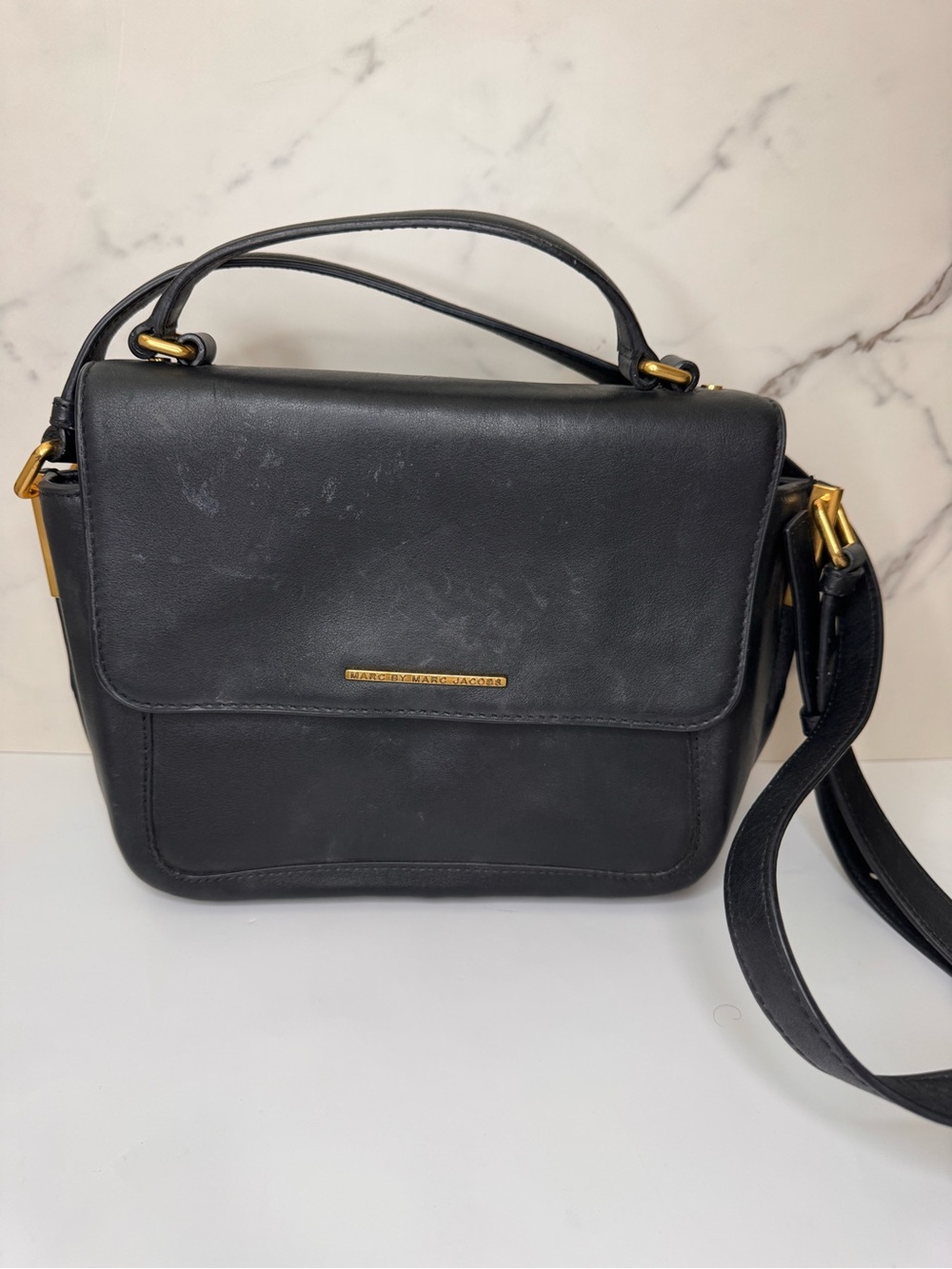 Marc Jacobs Black Leather Crossbody Satchel with Gold Hardware
